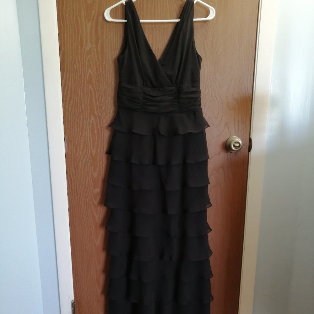 Patra Long Black Maxi Dress with Layered Skirt and Zip Up Size 6